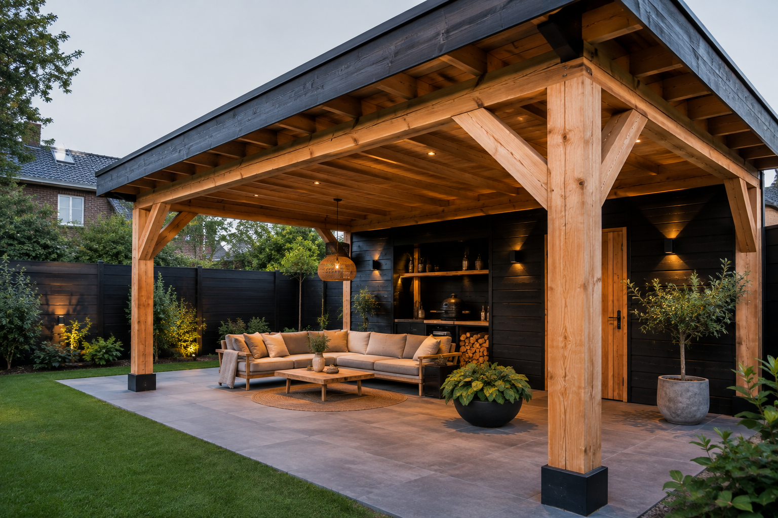 Moderne houten veranda bij avondlicht