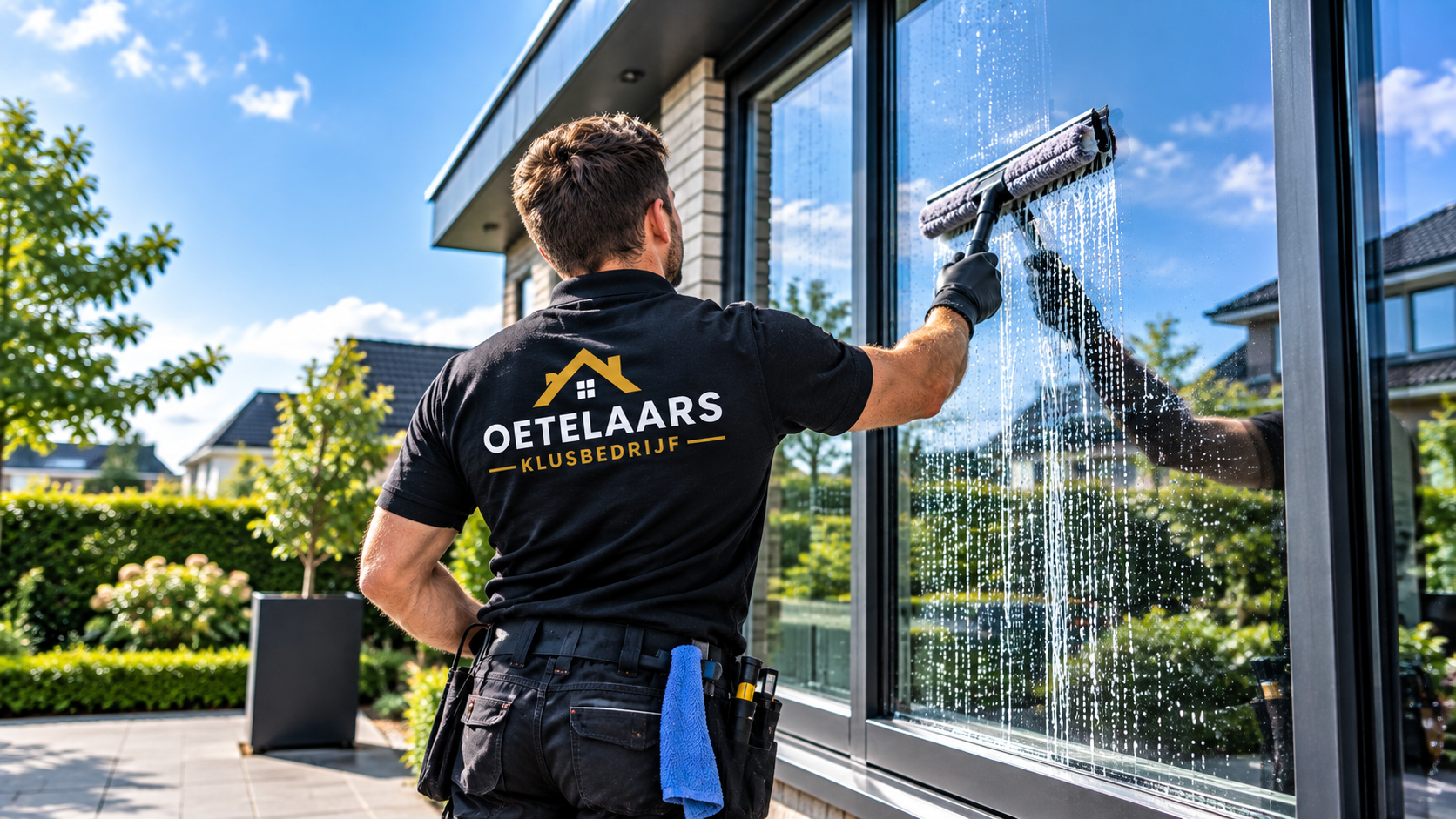Professionele glazenwasser aan het werk
